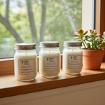 Load image into Gallery viewer, Three hand poured 4 oz scented candles in jars on a windowsill with a potted plant. Southern Charm Farmhouse.