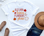 Load image into Gallery viewer, A white long-sleeve t-shirt with text design that reads 'Autumn Leaves & Pumpkins Please' accompanied by an image of autumn leaves. Southern Charm Farmhouse.
