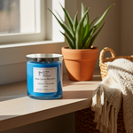 Load image into Gallery viewer, 2 wick hand poured Blue Baja Cactus Blossom candle on a wooden surface next to a potted plant and basket. Southern Charm Farmhouse.