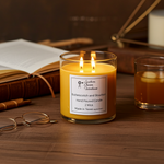 Load image into Gallery viewer, 2 wick hand poured Candle labeled 'Butterscotch and Bourbon' on a wooden surface with glasses and a book in the background. Southern Charm Farmhouse.
