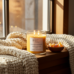Load image into Gallery viewer, 2 wick hand poured Butterscotch and Bourbon Candle on a wooden surface with a cozy blanket and bowl of butterscotch in the background. Southern Charm Farmhouse.