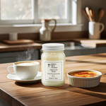 Load image into Gallery viewer, 16 oz mason Jar of hand poured candle labeled 'Cappuccino Brulee' on a kitchen counter with a cup of coffee and a dish of creme brulee. Southern Charm Farmhouse.