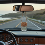 Load image into Gallery viewer, Car interior with a decorative air freshener hanging from the rearview mirror, scenic road outside. Southern Charm Farmhouse.