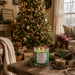 Load image into Gallery viewer, A lit green scented hand poured candle in a clear glass jar sits on a rustic wooden table in a cozy living room decorated for Christmas, with a decorated tree, wrapped gifts, and warm ambient lighting in the background. Candle label reads Christmas Tree. Southern Charm Farmhouse.