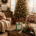 Load image into Gallery viewer, A festive holiday living room scene with a lit Christmas tree, wrapped gifts, plaid throw blankets, and a green candle in the foreground on a wooden coffee table. The candle label reads 'Christmas Tree'. Southern Charm Farmhouse.