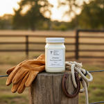 Load image into Gallery viewer, Hand poured Candle labeled 'Cowboy' on a wooden post with gloves and a horseshoe in a rustic setting. Southern Charm Farmhouse.