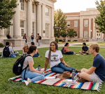 Load image into Gallery viewer, Students sitting on a colorful blanket in front of a university building with one girl wearing a Cowboy University T Shirt. Southern Charm Farmhouse.
