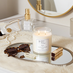 Load image into Gallery viewer, 2 wick hand poured Diva Candle on a tray with sunglasses, lipsticks, and perfume bottle in a decorative setting. Southern Charm Farmhouse.