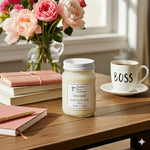 Load image into Gallery viewer, 16 oz mason jar hand poured Diva Candle on a table with books, flowers, and a 'BOSS' coffee cup in the background. Southern Charm Farmhouse.