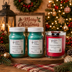 Load image into Gallery viewer, Three hand-poured scented candles by Southern Charm Farmhouse are displayed on a wooden shelf in a festive Christmas setting. The candles include 'Christmas Tree' in teal, 'Mistletoe' in mint green, and 'Home & the Holidays' in red wax, all in glass jars with white lids.