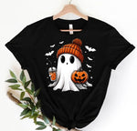 Load image into Gallery viewer, Ghost shirt with a pumpkin and orange drink and beanie hat. Southern Charm Farmhouse