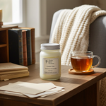Load image into Gallery viewer, Green tea 16 oz mason jar candle and glass of tea on a wooden table with books and a blanket in the background. Southern Charm Farmhouse