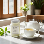 Load image into Gallery viewer, Green Tea Candle 16 oz Mason jar, sitting near a window with a tea set. Southern Charm Farmhouse