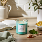 Load image into Gallery viewer, 2 wick hand poured Green Tea Teal candle on a wooden surface with a book, honey dipper, and lemon slices in the background. Southern Charm Farmhouse.