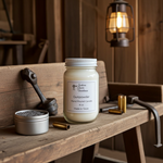 Load image into Gallery viewer, A 16 oz Gunpowder hand-poured candle in a Mason jar with a white lid, sitting on a weathered wood bench. Surrounding the candle are spent brass shell casings, a small silver tin of black powder, and vintage iron tools, with a glowing antique lantern hanging against a rustic wood-walled background. Southern Charm Farmhouse.