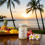 Load image into Gallery viewer, Hawaiian Ginger Candle in a 16 oz Mason Jar sitting at a resort with fruit and flowers beside it and a sunset and beach backdrop. Southern Charm Farmhouse.
