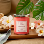 Load image into Gallery viewer, Pink 2 Wick hand poured Hawaiian Ginger candle on a wooden tray surrounded by flowers and ginger roots. Southern Charm Farmhouse.
