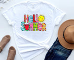 Load image into Gallery viewer, A white 'Hello Summer' shirt displayed flat with casual clothing items around it, including a pair of sunglasses, a hat, and blue jeans. Southern Charm Farmhouse.