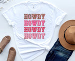 Load image into Gallery viewer, White t-shirt with 'HOWDY' text, cowboy hat, jeans, and boots on a light background. Southern Charm Farmhouse.