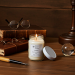 Load image into Gallery viewer, 16 oz Mason jar hand poured Leather Candle in a jar with a label on a wooden surface, surrounded by books and glasses. Southern Charm Farmhoue
