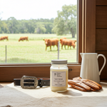 Load image into Gallery viewer, Open Range Candle in a 16 oz Mason Jar with a leather belt, and leather gloves on a windowsill with a view of cows in a field. Southern Charm Farmhouse.