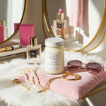 Load image into Gallery viewer, 16 oz Mason Jar of Pink Diva Candle, sunglasses, and jewelry on a pink cushion with a mirror in the background. Southern Charm Farmhouse