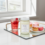 Load image into Gallery viewer, Hand poured Candle jar labeled 'Pink Diva' on a tray with a glass of red drink, cupcakes, and macarons. Southern Charm Farmhouse