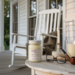Load image into Gallery viewer, 16 oz Hand Poured Mason Jar of Pipe Tobacco candle on a table with a rocking chair and candles in the background. Southern Charm Farmhouse.