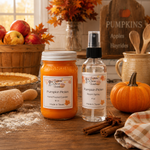 Load image into Gallery viewer, A styled autumn kitchen scene showing a hand-poured candle jar and a room spray bottle labeled 'Pumpkin Pickin'' by Southern Charm Farmhouse, placed on a wooden counter with pumpkins, apples, cinnamon, and fall decor in the background.