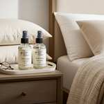 Load image into Gallery viewer, One Room spray and One Linen Spray bottle on a tray with a bed in the background. Southern Charm Farmhouse.