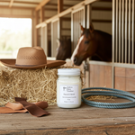 Load image into Gallery viewer, Hand poured Ranch Hand candle with horse and straw bale in background. Southern Charm Farmhouse.