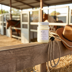 Load image into Gallery viewer, Hand poured 16 oz mason jar Ranch Hand candle with label on a wooden fence in a barn setting with horses in the background. Southern Charm Farmhouse.