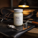 Load image into Gallery viewer, Midnight Rider handmade candle in a clear jar with a white lid, styled on a dark distressed leather jacket alongside a vintage silver pocket watch, a carved silver ring, and a wooden-handled pocket knife under a warm desk lamp. Southern Charm Farmhouse.