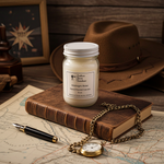 Load image into Gallery viewer, Western lifestyle product shot of a Midnight Rider glass jar candle resting on a vintage leather-bound book, styled on top of an old paper map with a classic brown felt cowboy hat, an antique fountain pen, and a gold pocket watch chain.