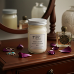 Load image into Gallery viewer, 16 oz mason jar of Satin & Suede hand poured candle on a wooden surface with purple petals and jewelry. Southern Charm Farmhouse.