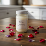 Load image into Gallery viewer, 16 oz mason jar of Satin & Suede hand poured candle with a label on a wooden surface with scattered rose petals. Southern Charm Farmhouse.