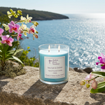 Load image into Gallery viewer, 2 wick hand poured Sea Salt & Orchid Candle with a scenic ocean view and flowers. Southern Charm Farmhouse.