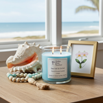 Load image into Gallery viewer, 2 wick Sea Salt & Orchid Blue candle on a wooden surface near seashells and a framed picture of an orchid. Southern Charm Farmhouse.