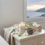 Load image into Gallery viewer, Hand poured Sea Salt & Orchid Candle, mug, and books on a windowsill with a scenic view. Southern Charm Farmhouse.
