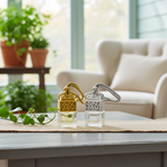 Load image into Gallery viewer, Two small glass car perfume bottles with decorative tops on a table in a bright room with plants and furniture. Southern Charm Farmhouse.