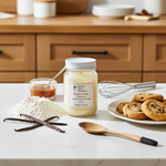Load image into Gallery viewer, 16 oz Mason Jar of Sweet Vanilla Caramel hand poured candle with baking ingredients and cookies on a kitchen counter. Southern Charm Farmhouse