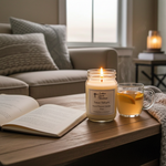 Load image into Gallery viewer, 16 oz hand poured Texas Twilight Candle in a mason jar on a wooden table with a book and mug of tea, cozy living room setting. Southern Charm Farmhouse.
