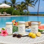 Load image into Gallery viewer, Three jars of Southern hand poured Candles by the pool with lemons, fruit, and sunglasses. Southern Charm Farmhouse.