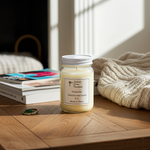Load image into Gallery viewer, 16 oz Mason jar hand poured Candle labeled 'Volcano' on a wooden surface with books and a blanket in the background. Southern Charm Farmhouse