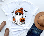 Load image into Gallery viewer, Ghost shirt on a white t shirt with a pumpkin, orange drink and orange beanie. Bats all around. Southern Charm Farmhouse