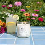 Load image into Gallery viewer, 2 Wick glass Candle and glass of lemonade on a table with flowers in the background. Cheirosa 62 Pistachio" and "Salted Caramel scent. Southern Charm Farmhouse.