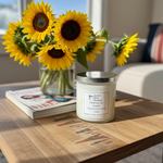 Load image into Gallery viewer, 2 Wick hand poured Candle with sunflower arrangement on a wooden table. Cheirosa 62 smells like Pistachio" and "Salted Caramel. Southern Charm Farmhouse.