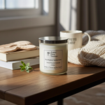 Load image into Gallery viewer, 2 Wick hand poured Eucalyptus Spearmint Candle with a label on a wooden surface next to books, knit sweater and a mug. Southern Charm Farmhosue.