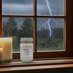 Load image into Gallery viewer, 16 oz Mason Jar Storm Watch hand poured candle and other candles on a windowsill with a lightning storm. outside. Southern Charm Farmhouse