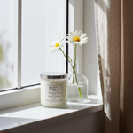 Load image into Gallery viewer, Large 2-wick white wax candle with a farmhouse label featuring Sunwashed Linen fragrance on a windowsill with white flowers in the background. Southern Charm Farmhouse